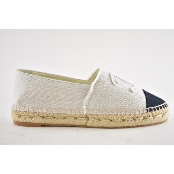 Chanel REV Beige Black Linen Canvas CC Logo Double Sole Espadrille Flat 37 RARE - Picture 2 of 12